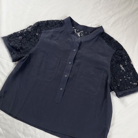 Rebecca Taylor Navy Blue Top Size 0 Silk Small Short Sleeve Round Neck Keyhole - Picture 2 of 6